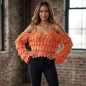 Orange Womens Knit Layered Sleeve Sweater